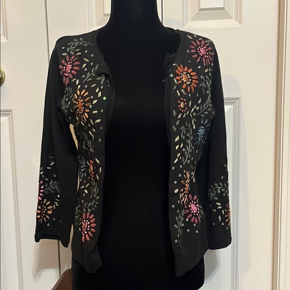 Coldwater Creek Black Floral Embroidered Cardigan Sweater NWT S